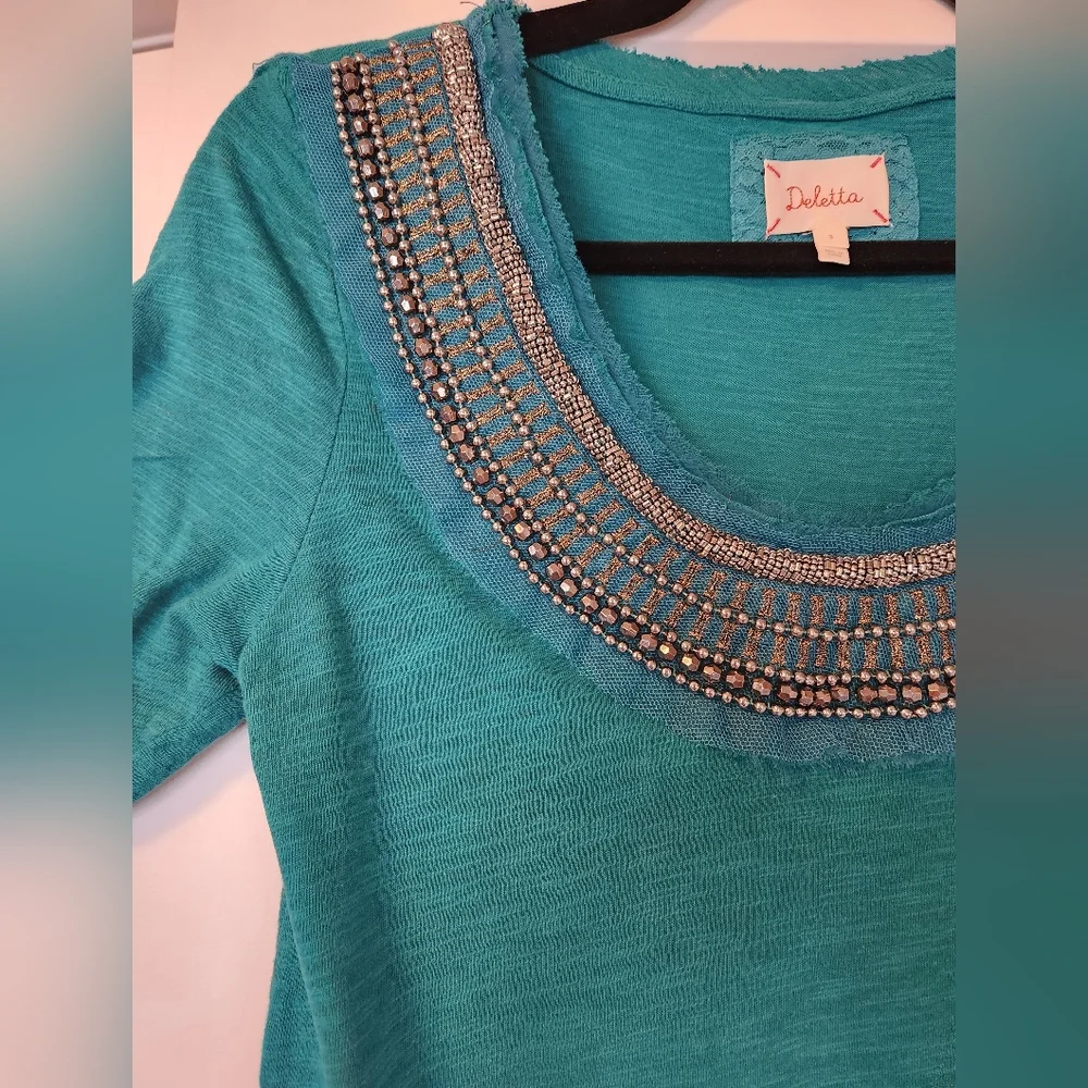 Anthropologie Delleta Green Beaded Top sz S Shirt Blouse teal boho maximalist - Picture 2 of 6